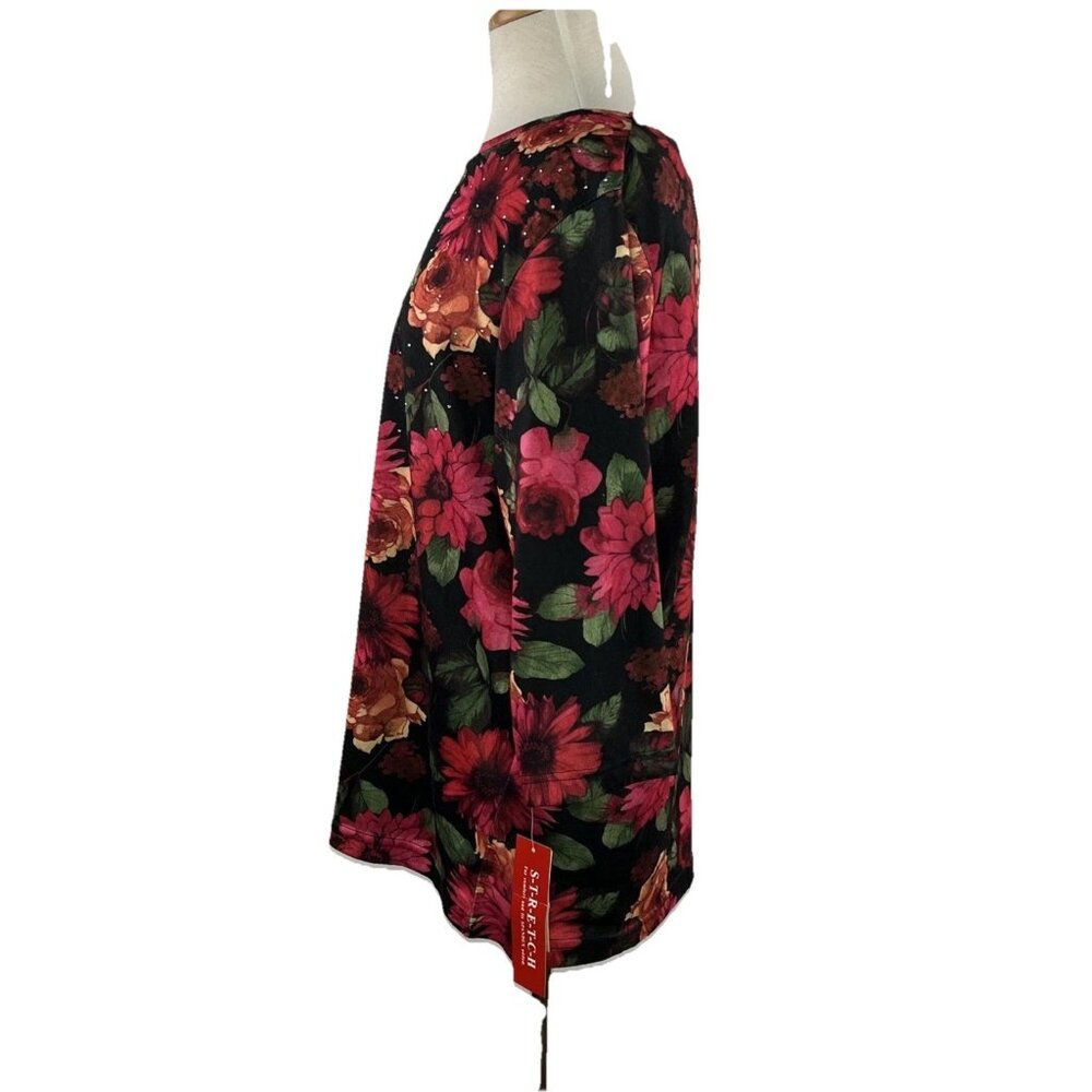 Rebecca Malone 1X Womens Top Floral Stretch 3/4 Sleeve Black Pink Orange Flowers - Picture 4 of 9